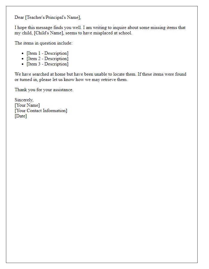 Letter template of inquiry about missing school items