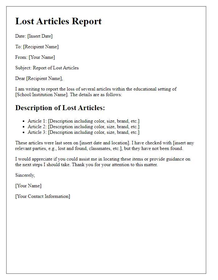 Letter template of lost articles report for educational settings