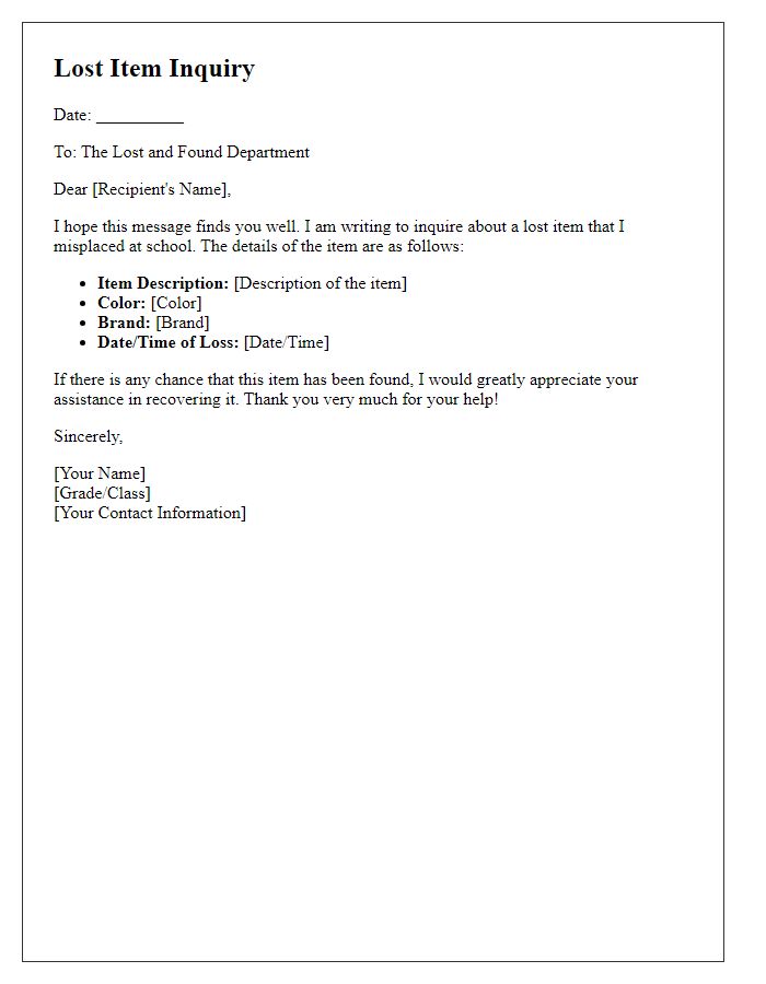 Letter template of lost item inquiry for school students