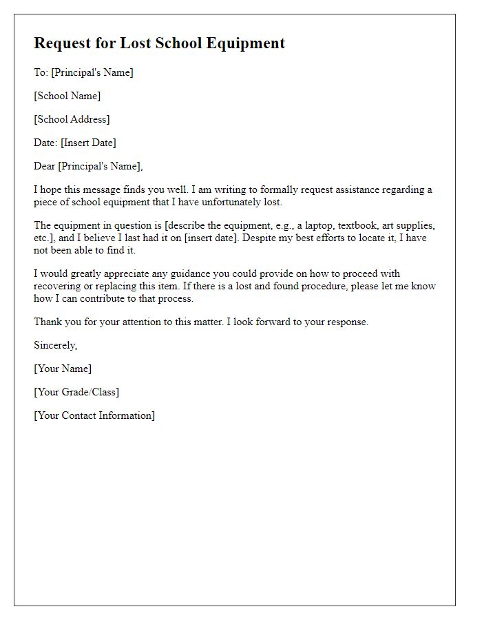 Letter template of request for lost school equipment