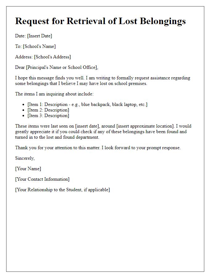 Letter template of request for school lost belongings