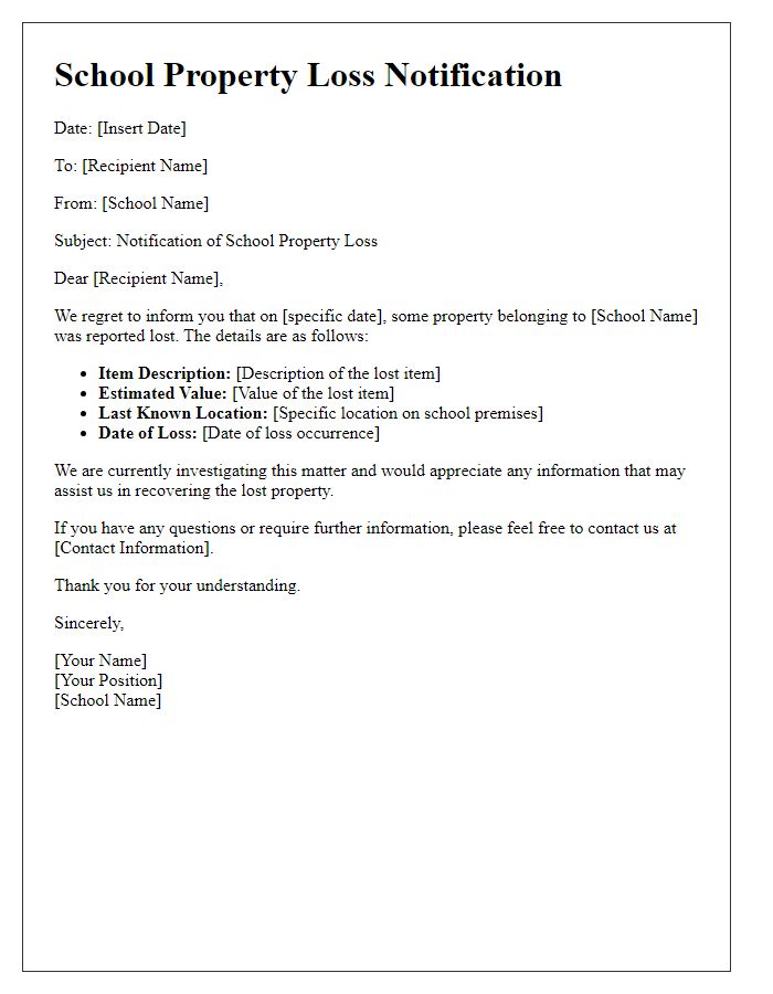 Letter template of school property loss notification