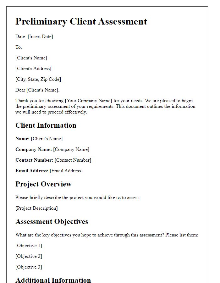 Letter template of preliminary client assessment