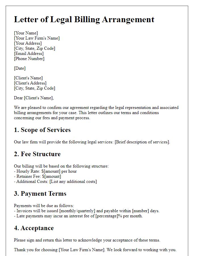 Letter template of legal billing arrangement