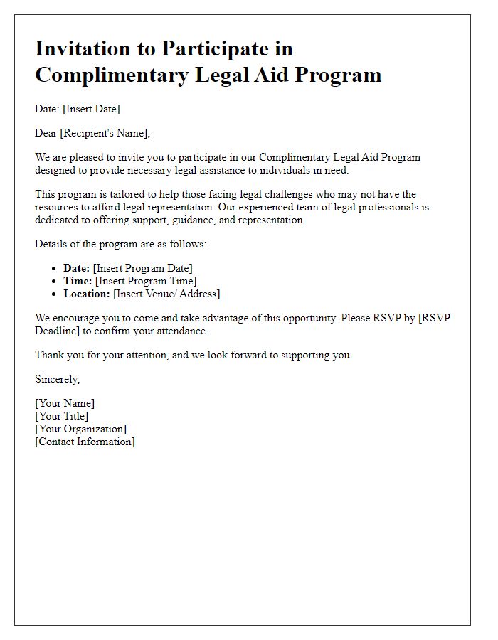 Letter template of complimentary legal aid invitation