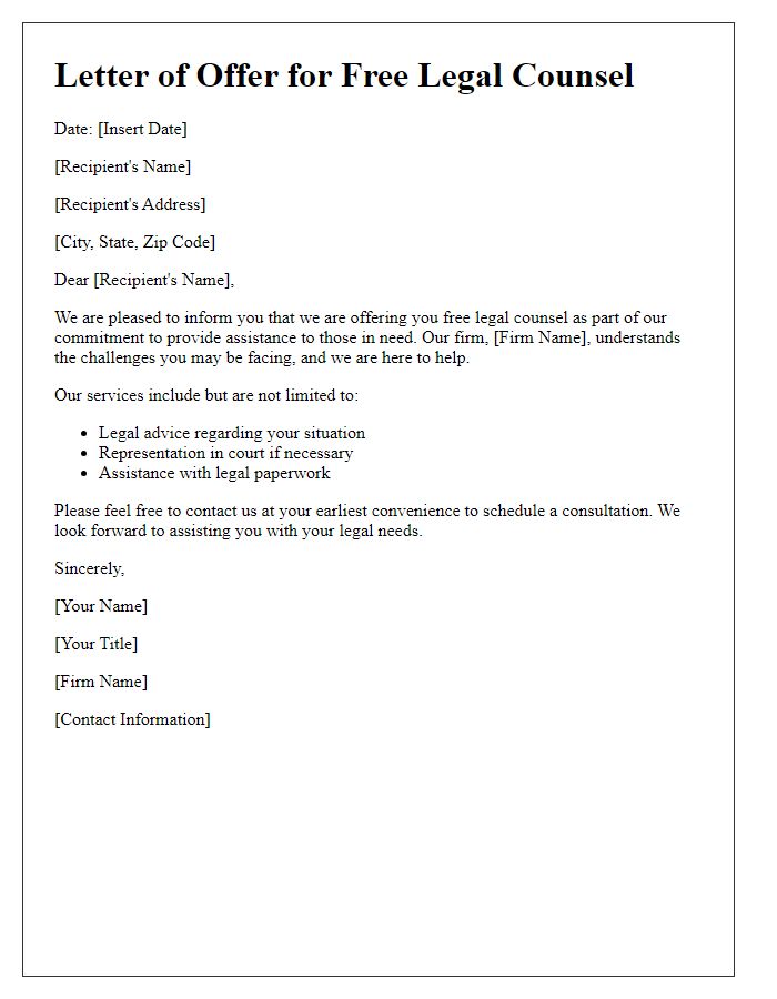 Letter template of free legal counsel offering