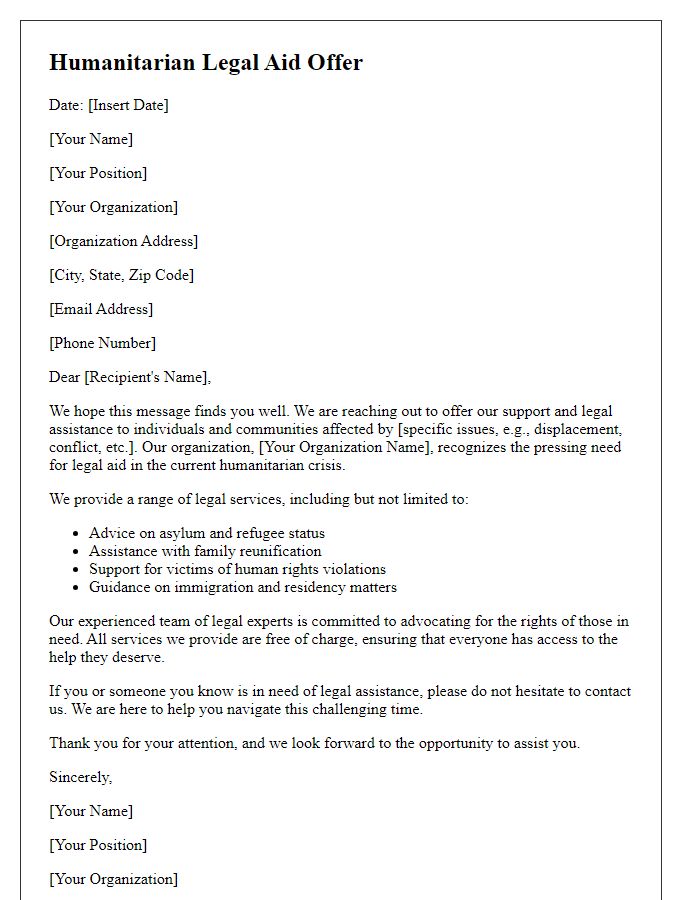 Letter template of humanitarian legal aid offer