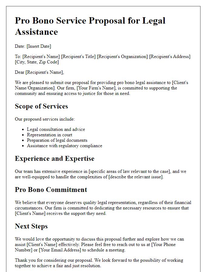 Letter template of pro bono service proposal for legal assistance