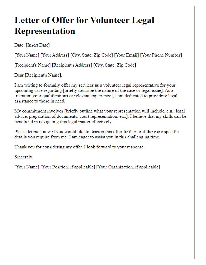 Letter template of volunteer legal representation offer