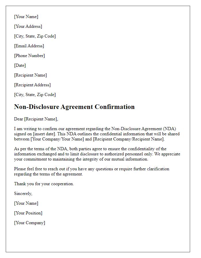 Letter template of non-disclosure agreement confirmation