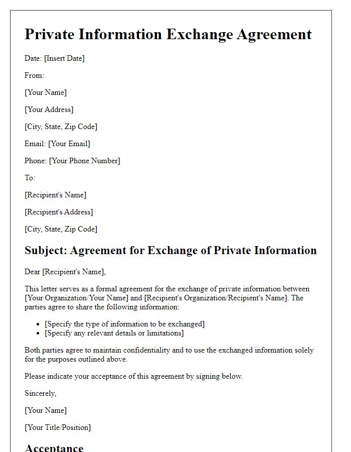 Letter template of private information exchange