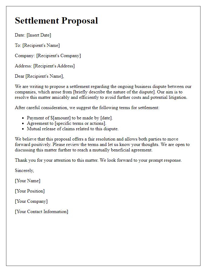 Letter template of settlement proposal for business dispute