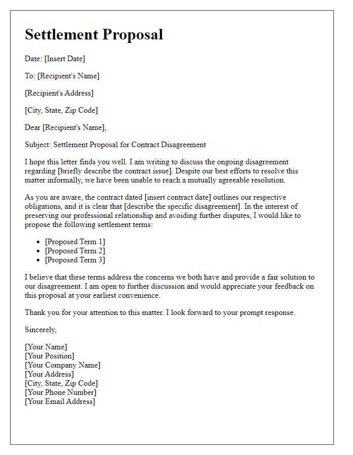 Letter template of settlement proposal for contract disagreements