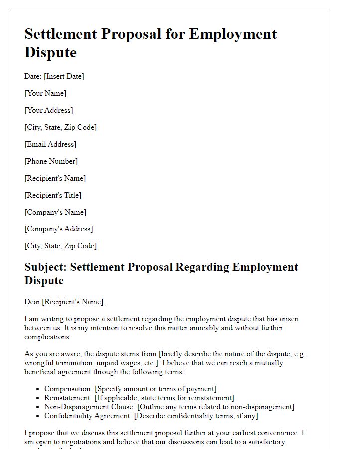 Letter template of settlement proposal for employment dispute