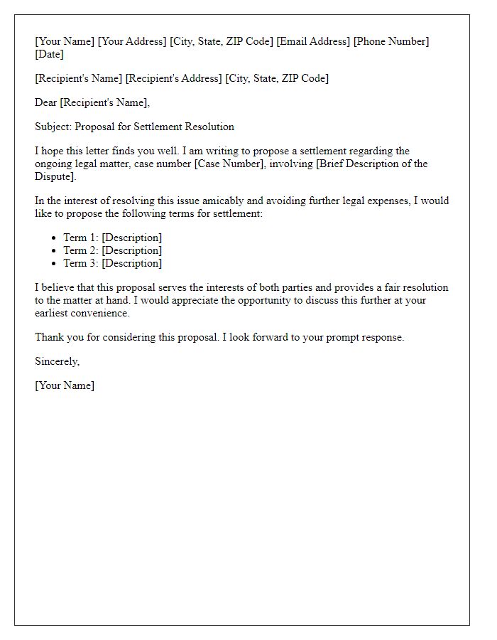 Letter template of settlement proposal for legal case resolution