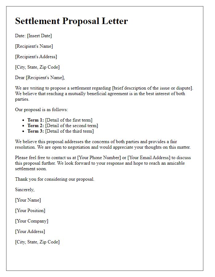 Letter template of settlement proposal for negotiation discussions