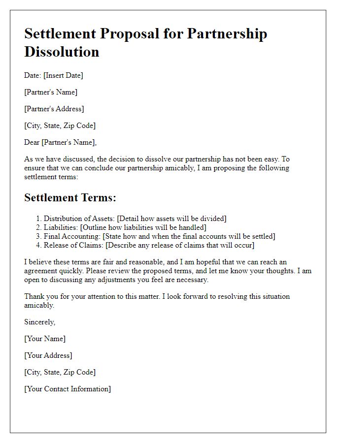 Letter template of settlement proposal for partnership dissolution