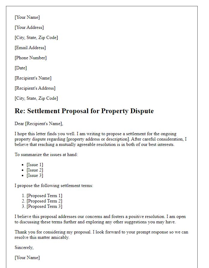 Letter template of settlement proposal for property dispute