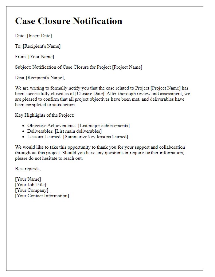 Letter template of case closure notification for project management updates.