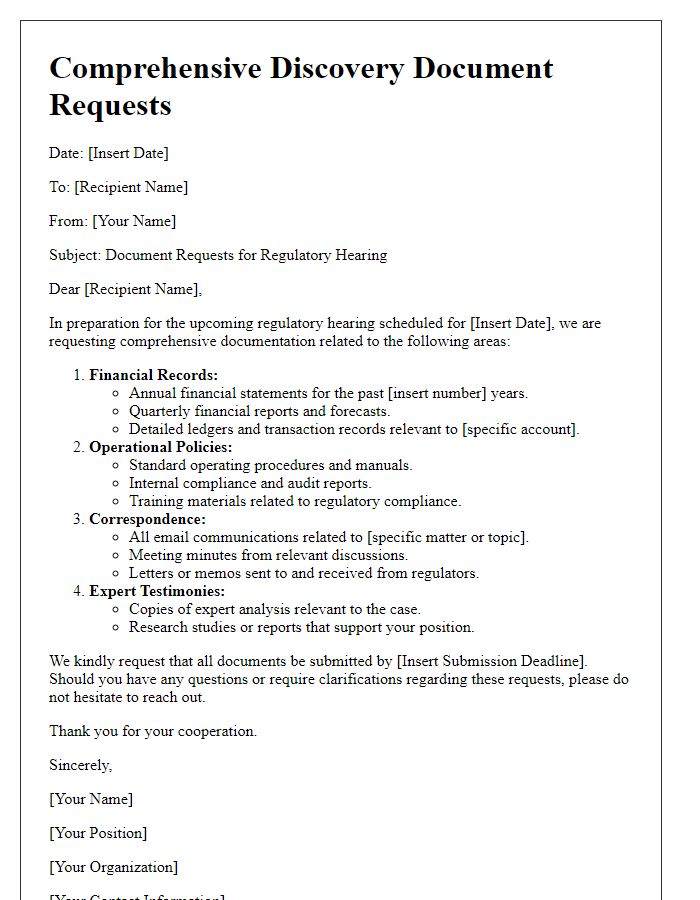 Letter template of comprehensive discovery document requests for regulatory hearings