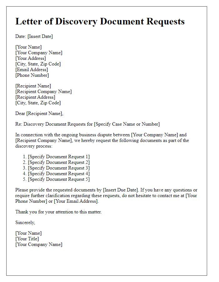 Letter template of discovery document requests for business disputes