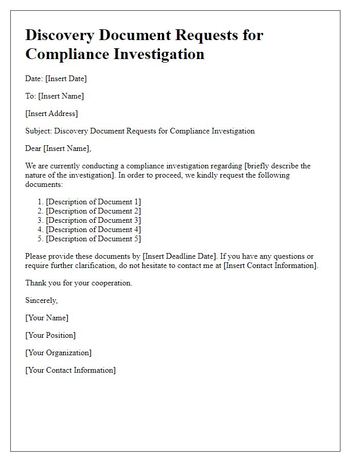 Letter template of discovery document requests for compliance investigation