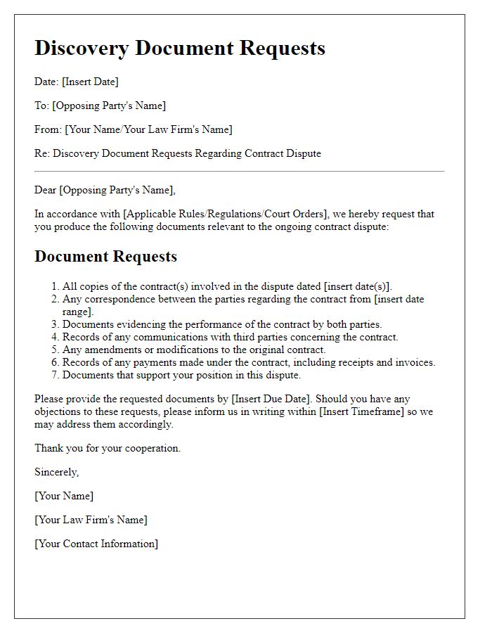 Letter template of discovery document requests for contract disputes