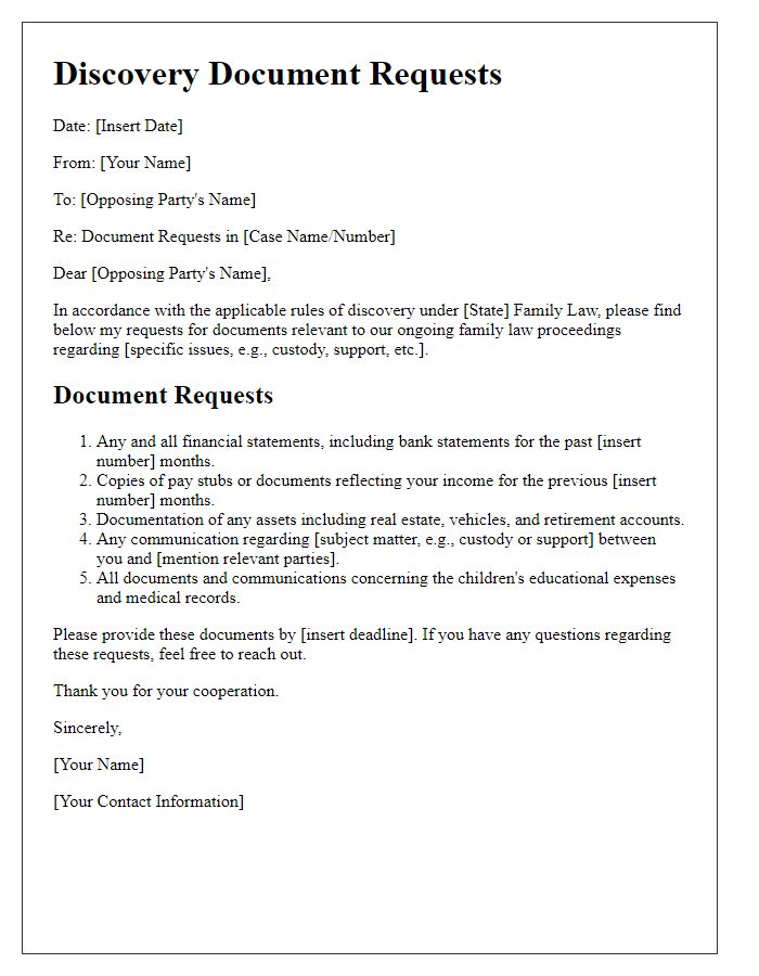 Letter template of discovery document requests for family law matters