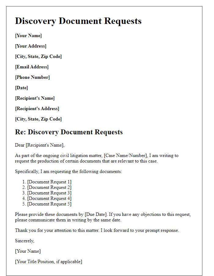 Letter template of discovery document requests in civil procedures