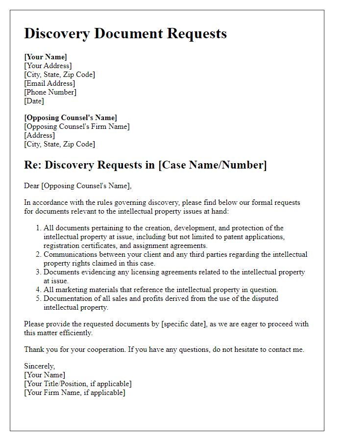 Letter template of discovery document requests in intellectual property cases