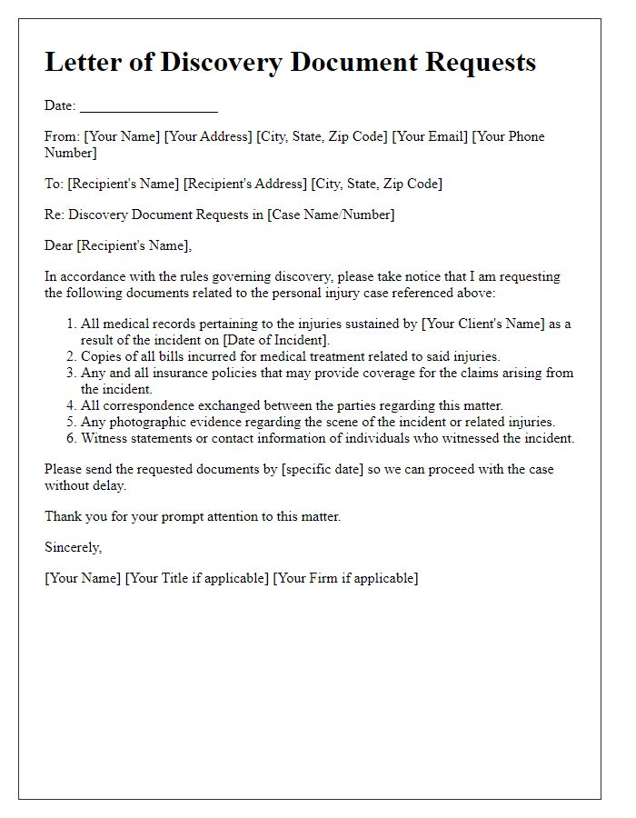 Letter template of discovery document requests in personal injury cases