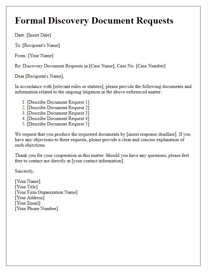 Letter template of formal discovery document requests for litigation purposes