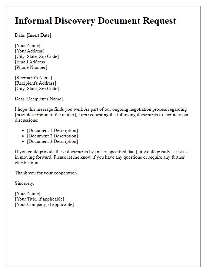 Letter template of informal discovery document requests for negotiation processes