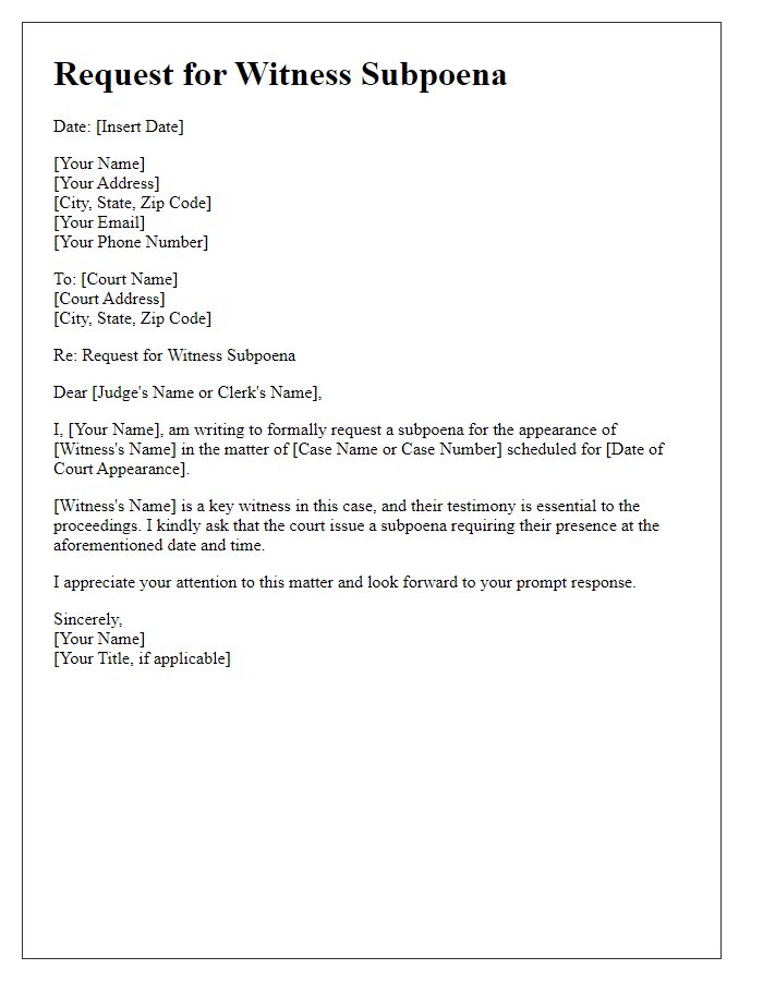 Letter template of witness subpoena request for court appearance