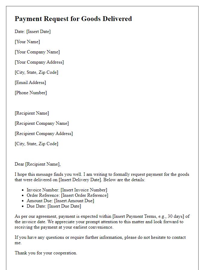 Letter template of payment request for goods delivered