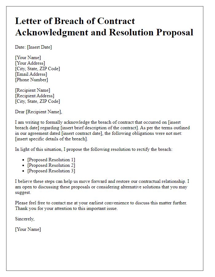 Letter template of breach of contract acknowledgment and resolution proposal.