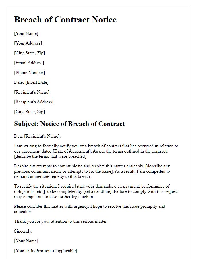 Letter template of breach of contract notice with demand for remedy.