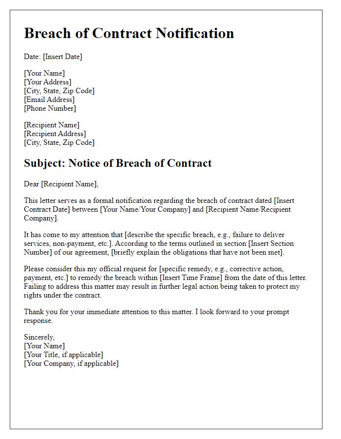 Letter template of breach of contract overview for legal purposes.