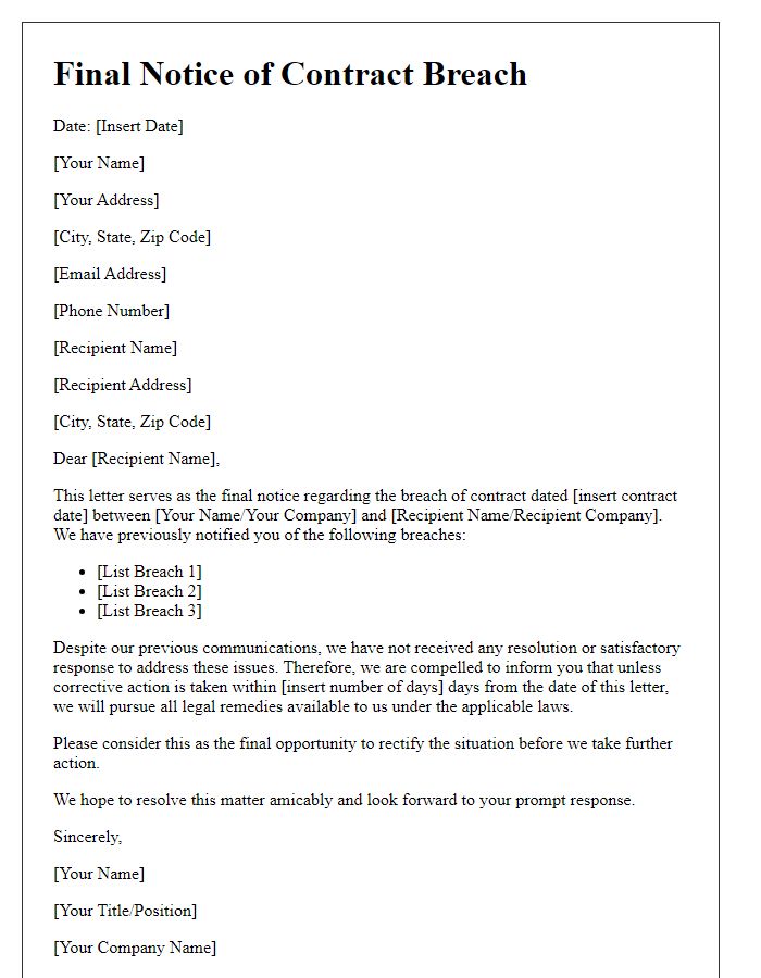 Letter template of final notice for contract breach.