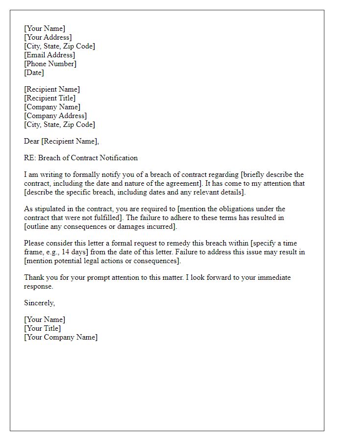 Letter template of formal breach of contract notification.