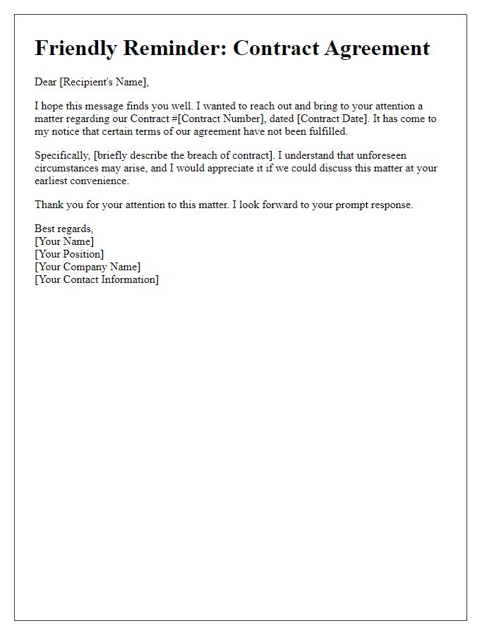 Letter template of friendly reminder regarding contract breach.