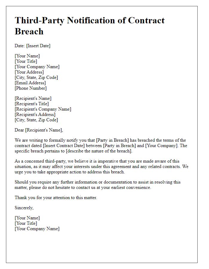 Letter template of third-party notification regarding contract breach.