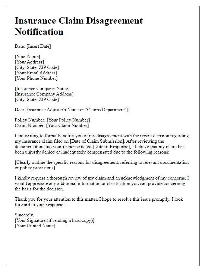 Letter template of insurance claim disagreement notification