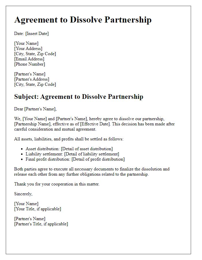 Letter template of Agreement to Dissolve Partnership