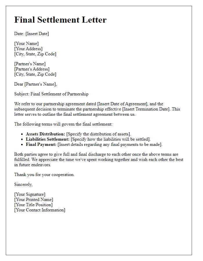 Letter template of Final Settlement for Partnership Termination