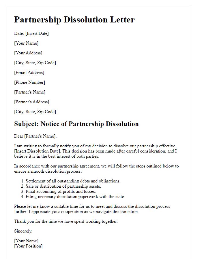 Letter template of Formal Partnership Dissolution Procedures