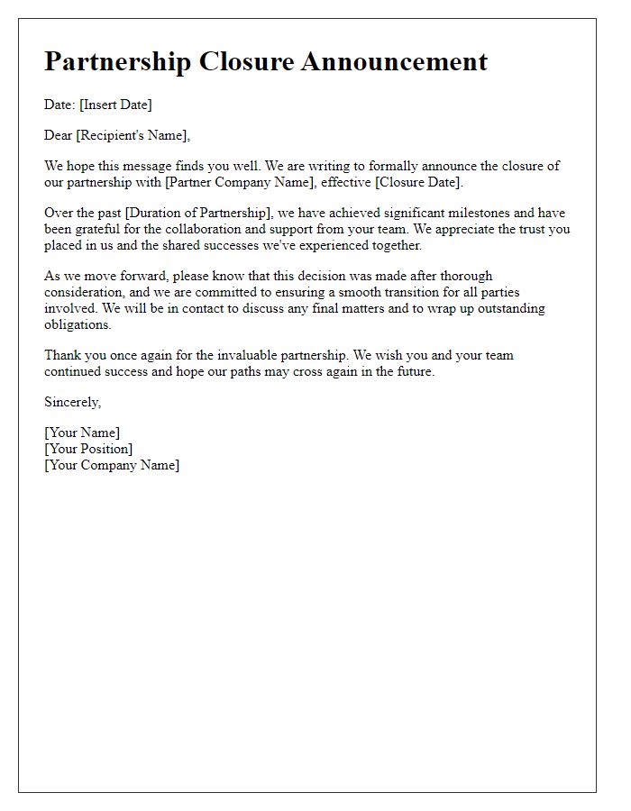 Letter template of Partnership Closure Announcement