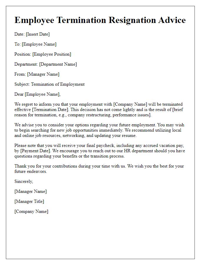 Letter template of employee termination resignation advice.