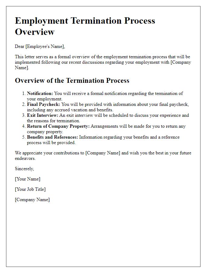 Letter template of employment termination process overview.