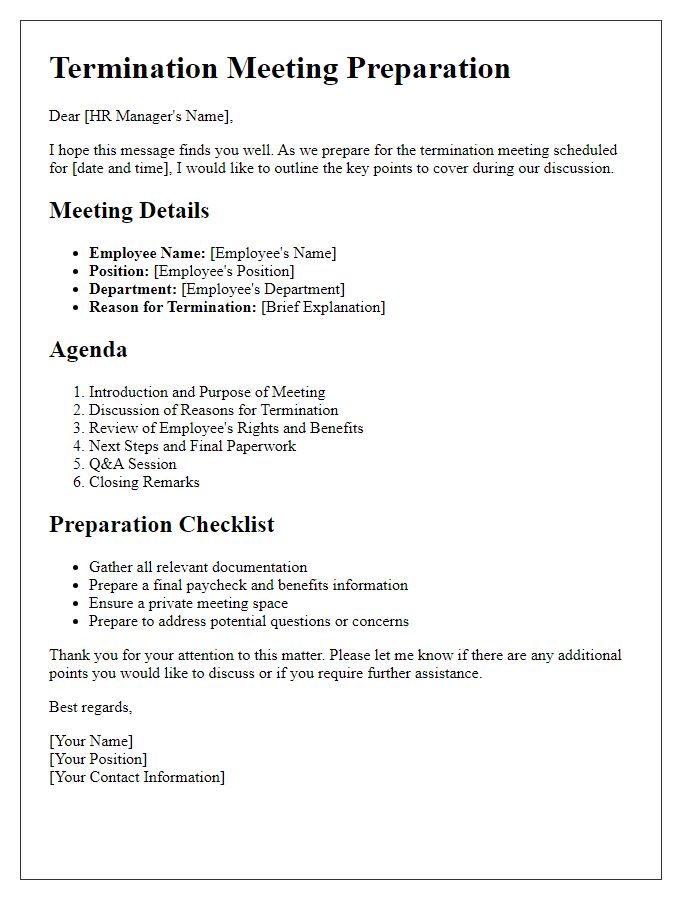 Letter template of HR termination meeting preparation.